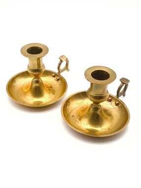 Vintage Indian Brass Finger Loop Candlestick Holders - Pair
